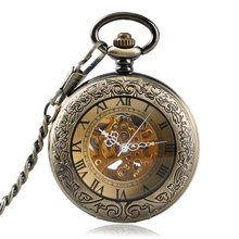 Relógio de bolso mecânico brozne, relógio de esqueleto, engrenagem transparente, automático, corda automática, pingente retrô, relógio de bolso 2024 - compre barato