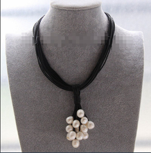 Collar con colgante de cuero negro y perlas blancas, Gargantilla de 16 ", 15 filas, 14mm, j9549, Noble, @ ^ 2024 - compra barato