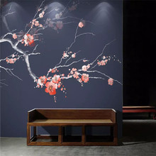 Custom Mural Wallpaper Red Plum Hand-painted Flowers and Birds Background Wall 2024 - buy cheap