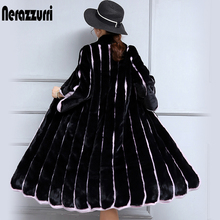 Nerazzurri Winter Fluffy Warm Long Faux Fur Coat Women Black and Purple Contrast Color Striped Patchwork Fake Fur Overcoat 2021 2024 - купить недорого