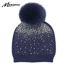 Female Rhinestone Crochet Beanie Hat With Real Fox Fur Pompon Women Knitted Solid Color Soft Warm Wool Diamonds Fur Pom Pom Caps 2024 - buy cheap