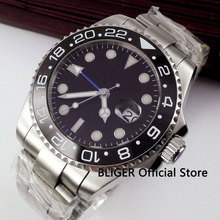 BLIGER 43mm Black Sterile Dial Ceramic Rotating Bezel Blue GMT Pointer Luminous Marks Sapphire Automatic Movement Men's Watch 2024 - buy cheap