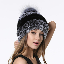 Ianlan chapéus de pompom de pele real, moda feminina inverno rex pele de coelho com gorros de pele de raposa prateada, bonés femininos listrados de pele il00049 2024 - compre barato