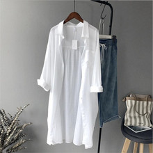 Женская Длинная блузка из хлопка, белая Повседневная Свободная блузка с длинными рукавами и карманами, большие размеры, весна 2019 2024 - купить недорого