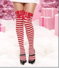 Red and White Stripe Thigh High Christmas Stockings Red Bowknot Lady's Sexy Long Stocking 2024 - buy cheap