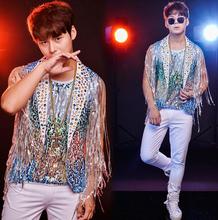 Original men vest personalized singer dance stage street star style sleeveless Fringed sequin crystal drill clothing 2024 - buy cheap