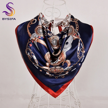 [BYSIFA] Navy Blue Scarves 2018 New Brand Chain Large Square Silk Scarves Foulard Autumn Winter Ladies Hijabs Silk Scarf Shawl 2024 - buy cheap