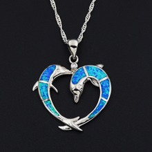 Jumping Dolphin in Heart Shape Blue Fire Opal Pendant Necklace 2024 - buy cheap