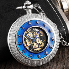 Reloj de bolsillo mecánico Steampunk de plata para hombre y mujer, reloj de mano con anillo azul de estrellas rodeadas, con números romanos azules 2024 - compra barato