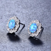 Bamos Oval White/Blue Fire Opal Stud Earrings For Women Trendy 925 Sliver Filled Heart Earrings Fashion Wedding Jewelry 2018 New 2024 - buy cheap