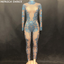 Women Sexy Stage Dj Jumpsuit Blue Diamonds Net Yarn Full Of Sparkling Crystals Bodysuit Nightclub Party Dancer Singer Stage Wear 2024 - buy cheap