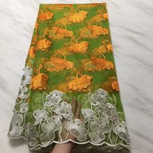 5 jardas/pc venda quente verde francês tecido de renda líquida com laranja e branco flor africano malha renda com contas para vestido BN110-3 2024 - compre barato