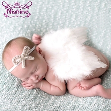 Nishine Newborn Angel Feather Wing With Bowknot Rhinestone Headband Kids Children Newborn Photography Props Decoration 2024 - buy cheap