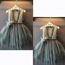 2016 Summer Girls Dress Kids Vintage Gray Sleeveless Solid Pleated Bow Flower Cottoon Tulle Kids Sequins Party Dress 2-7T 2024 - buy cheap