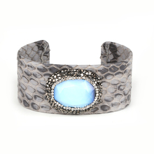 faceted oval sky blue stone bead charm pave rhinestone resizable dark grey snake leather wide wrap open bangle cuff for women 2024 - buy cheap