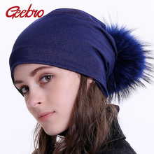 Geebro-gorro de Jean con pompón de piel auténtica para mujer, boina lisa de otoño, con pompones de piel de mapache, color negro 2024 - compra barato