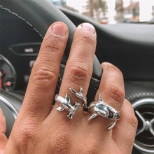 2 pçs/set cor prata shark joint abertura ajustável criativo punk anéis personalidade festa jóias presente do feriado anel conjunto 2024 - compre barato