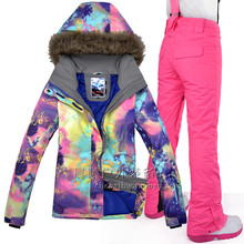 Frete grátis jaqueta feminina de neve, roupa de esqui profissional à prova d'água resistente ao vento para snowboard duas peças 2024 - compre barato