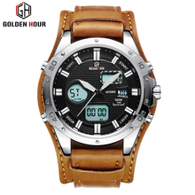 GOLDENHOUR Leather Sport Men Analog Quartz Wrist Watch Army Military Date Clock Dual Display Fashion Outdoor Relogio  Masculino 2024 - buy cheap
