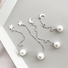 2018 Fashion  925 sterling silver pearl stars the moon Real  line long ears sweet chain pendant earrings 2024 - buy cheap