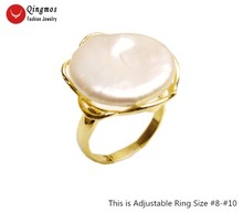 Qingmos-anillos de perlas naturales blancas para mujer, con moneda redonda de 20mm, Perla y Color dorado, anillo de Metal, anillo de joyería ajustable #8 rin47 2024 - compra barato