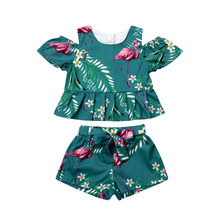 New Summer Toddler Kids Baby Girls Outfits Clothes Off Shoulder Flamingo Print Green T-shirt short Pants 2PCS Set Size 1-3 T 2024 - buy cheap