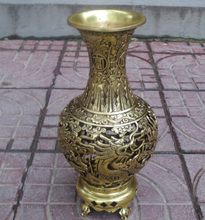 Home Decor Metal Crafts 10inch high vases chinese brass carved hollow out Dragon and Phoenix Big vase free shipping 2024 - buy cheap