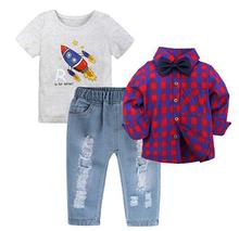 Retail Children Boys Clothing set Summer Autumn Set of Clothes with Plaid Shirt+Short-sleeved T-shirt +Jeans 3pcs. Boys Suit 2024 - buy cheap