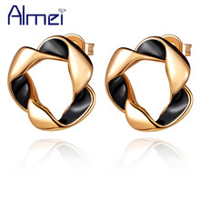 Almei 15% Off 2017 Spring Flower Fashion Gold Color Black Earring Circle Enamel Stud Earrings for Woman Brincos cc Jewelry R460 2024 - buy cheap