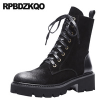 Fur Military Autumn Winter Chunky Black Vintage Genuine Leather Shoes Lace Up Combat Ankle Women Boots 2021 Round Toe Suede 2024 - buy cheap