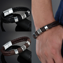 Nueva llegada de los hombres de la playa regalos fiesta tejido de punto PU de aleación de Zinc pulsera de cuero Punk marrón chicos 1PC negro de alta calidad 2024 - compra barato