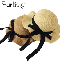 Girls Summer Cap Black Ribbon Decorate Wavy Straw Hat For Girls Children Panama Hat Kids Sun Cap Baby Beach Hats 2024 - купить недорого