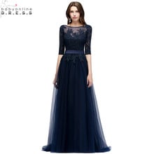 New Arrival Navy Blue Lace Long Evening Dress  Elegant Half Sleeve Tulle Evening Gowns with Sashes Robe de Soiree Longue 2024 - buy cheap