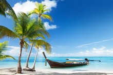 Деревья лодка Тропическое море пляж песок пейзаж постер из шелковой ткани ткань печать наклейка на стену Декор на заказ Печать 2024 - купить недорого