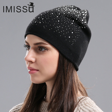 IMISSU, gorro de invierno para mujer, Gorros de lana tejidos máscara informal, gorro con cristales, Color sólido, Gorros de esquí, sombrero de exterior para niñas 2024 - compra barato