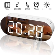 Затемненный светодиодный часы зеркало часы будильник цифровые настольные часы цифровые часы Спальня Wake Up светильник с двумя USB портами, Зарядное устройство кабель 2024 - купить недорого