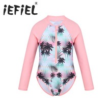 Fashion Little Kids Girls One-piece Long Sleeves Palm Printed Zippered Swimsuit Swimwear Bathing Suit Rash Guard Outfits Set 2024 - buy cheap