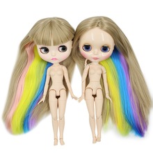 Boneca de cabelo liso colorida gelada dbs blyth, cabelo de arco-íris brilhante para articulações do rosto 30cm presente para meninas brinquedos de anime 1/6 2024 - compre barato
