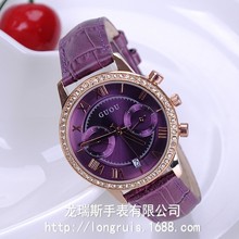 Guou 2016 relógio de pulso feminino com calendário, relógio de quartzo com strass e pulseira de couro legítimo preto, novidade 2024 - compre barato