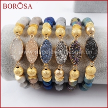BOROSA Handcrafted Druzy Bracelets for Women, New Gold Color Marquise & 8mm Rainbow Titanium Druzy Stone Beads Bracelet G1376 2024 - buy cheap