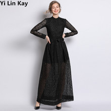 Yi lin kay laço preto de alta qualidade oco para fora vestido casual novo 2019 das mulheres do vintage magro grande balanço longo maxi festa vestido 2024 - compre barato