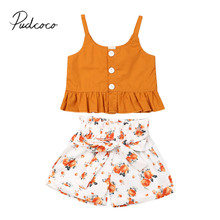 2019 Baby Summer Clothing Toddler Kid Baby Girl Solid Sleeveless Vest Crops Tops+Flowers Print Ruffles Shorts Holiday Sets 6M-4Y 2024 - compre barato