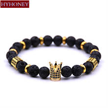 HYHONEY Natural Stone Beads Strand Bracelet Micro Pave CZ Crown Charm Black Lava Rock Stone Energy Men Jewelry couple bracelet 2024 - buy cheap