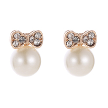 White Artificial Pearl Rhinestone Golden Bowknot Alloy Stud Earrings for Women & Children 2024 - buy cheap