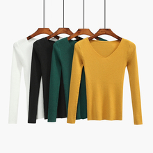 Suéter de manga larga con cuello en V para mujer, Jersey ajustado, sección delgada, Otoño, 2018 2024 - compra barato