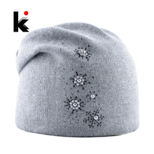 New Hats For Women Autumn Winter Soft Knitted Wool Beanies Hat Ladies Fashion Knitting Rhinestone Pearls Bonnet Caps Female 2024 - buy cheap