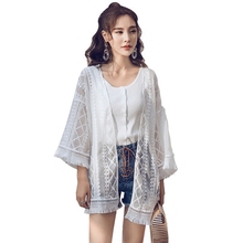 Embroidery Tassel Fringe Shawl Open Cardigan Hollow Out Lace Tops Women Summer Beach Shirts Female Oversize Loose Thin Blouse 2024 - buy cheap