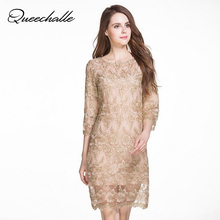 Gold Lace Dress 2021 Autumn Dress Women O Neck Embroidery 3/4 sleeve Elegant Dress Female Vestidos 2024 - buy cheap