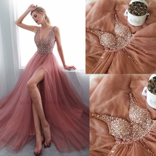 SuperKimJo V Neck Prom Dresses Long Vestidos De Festa Longo Beaded Dusty Pink Luxury Prom Gown 2020 Vestido De Gala 2024 - buy cheap