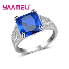 Elegant Beauty Ladies 925 Sterling Silver Rings For Wedding Party Big Blue   Square Cubic Zirconia Women Finger Bague 2024 - buy cheap